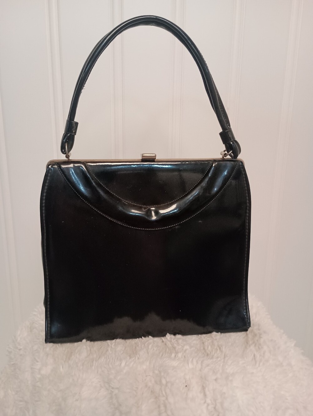 70s Vintage- Classic Women's Patent Top-Handle Bag- Black